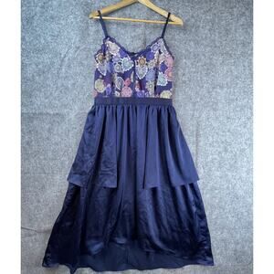 Lyn Around Dress Womens Large Navy Geometric Medallion High-Low Tiered Ruffle